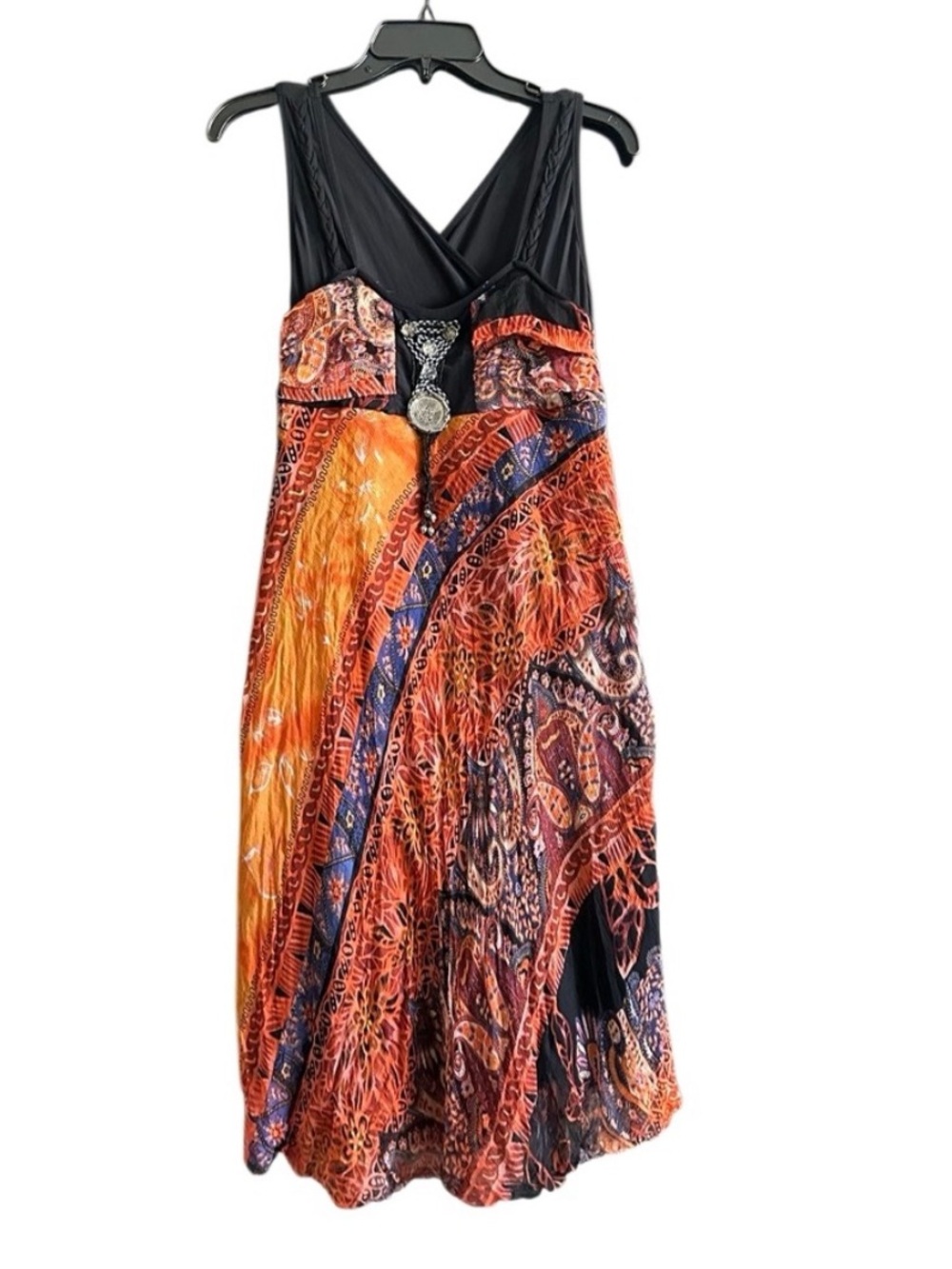 Caribbean Queen Silk Orange & Black Patterned Bohemian inspired Sundress. Medium